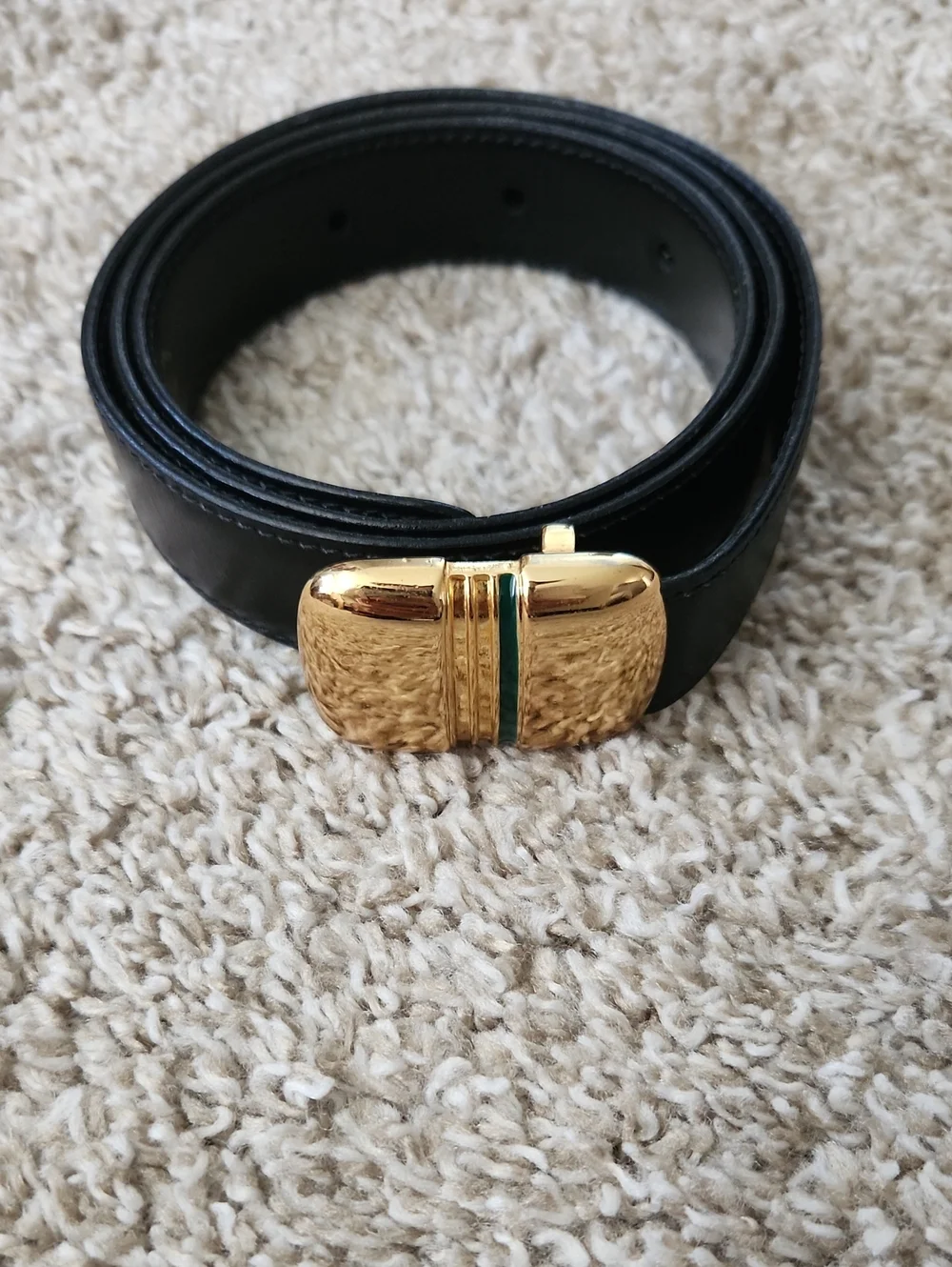 Gucci Black Leather Belt with Gold Buckle and Green Accent